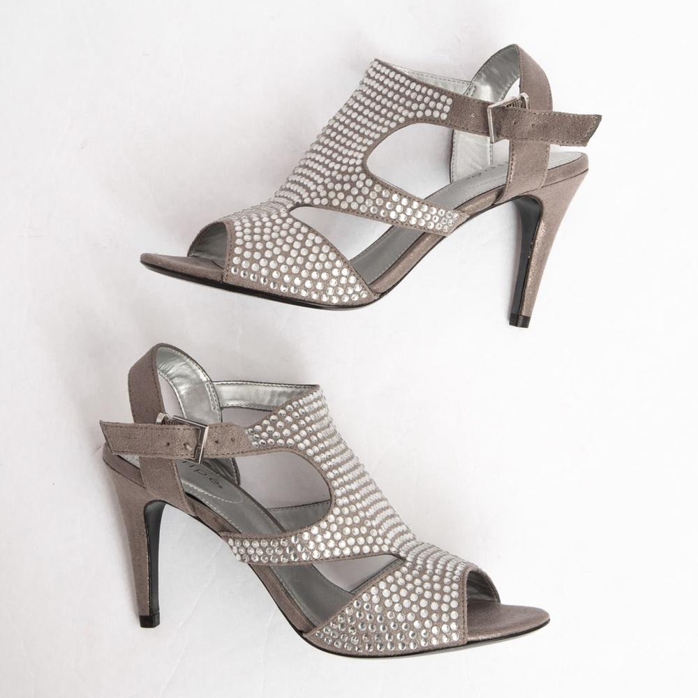 Metallic silver rhinestone peep toe heels Maripe style 7